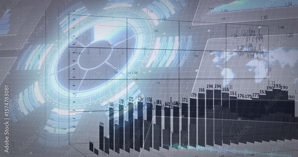 Poster showing holographic chart floating over grid in dashboard with bar and line charts, map silhouette