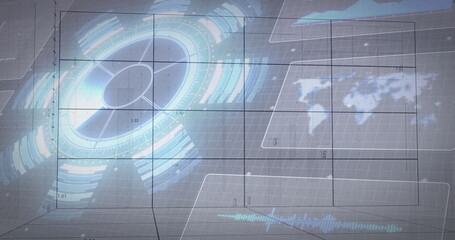 Displaying virtual console showing grid overlay with holographic chart, world map, signal waveform
