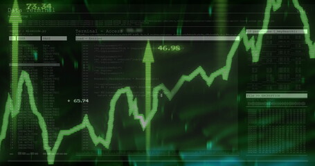 Displaying digital data terminal in monitoring dashboard, with login panel and rising graph overlay