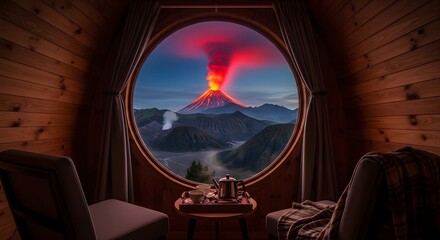 Volcano view cabin escape mountain landscape nature travel destination scenic beauty relaxation getaway tourism