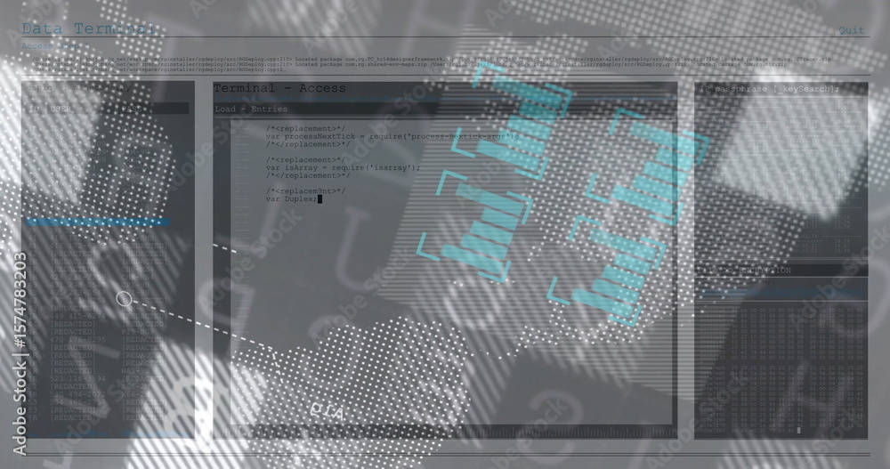 Poster Displaying code terminal window overlaying numeric sequences on screen, with fingerprint graphic