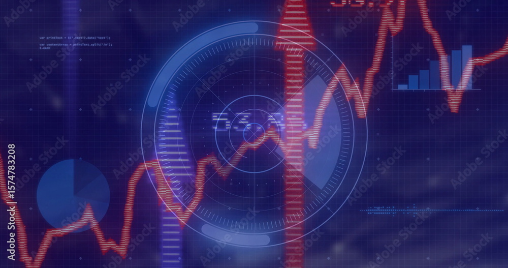 Poster showing central radar hud scanning ui with red-orange line, blue pie, bar charts and code snippets
