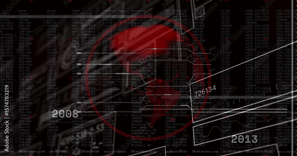 Poster Showing red map overlay radiating white lines on computer screen, with data code and year labels