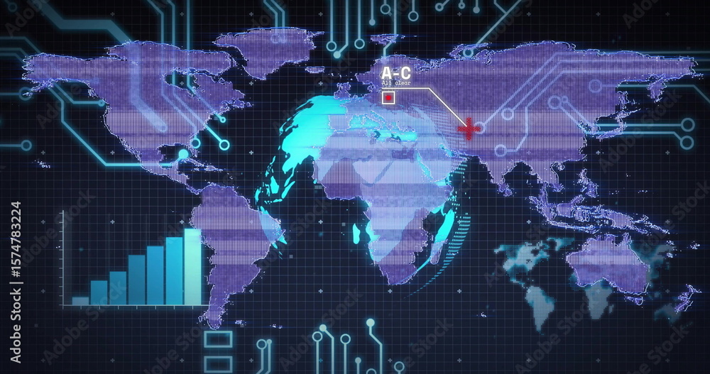 Aufkleber displaying world map on dark grid interface, with neon circuits, red marker, bar chart, inset map