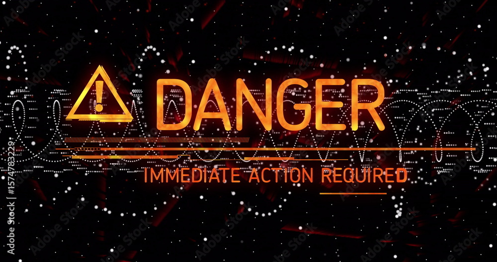 Poster flashing warning on screen, triangle icon, danger and immediate action required text, waveform dots