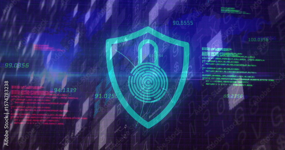 Poster Showing teal shield icon fingerprint lock sitting on UI with floating numbers green red code blocks