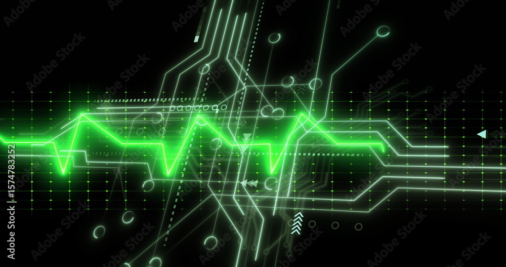 Poster pulsing neon green waveform traversing digital interface with circuit traces, grid and node markers