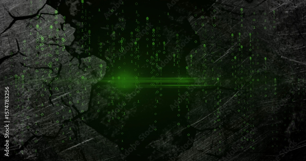 Poster cascading green binary column flowing over cracked surface in cyberspace, with central beam