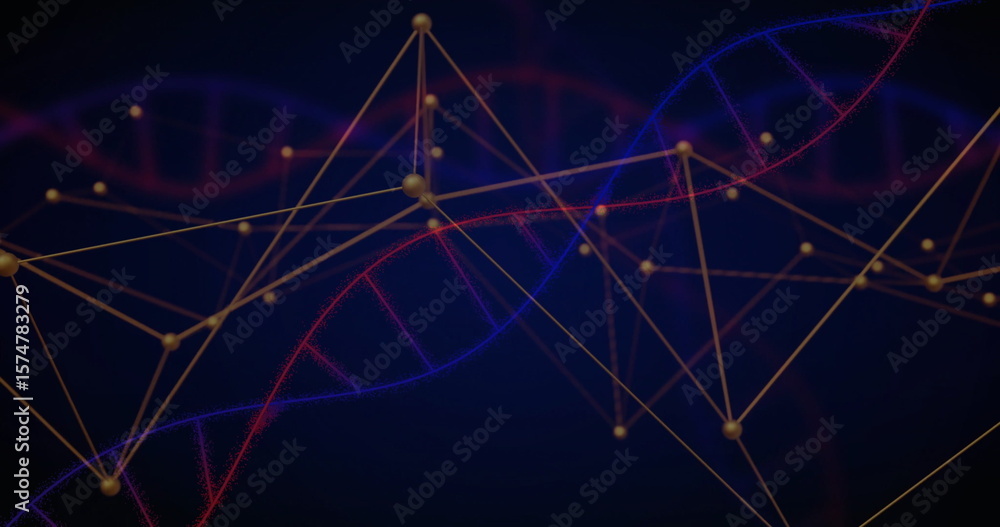Poster displaying central blue and red dna helix weaving in digital space, with golden node network