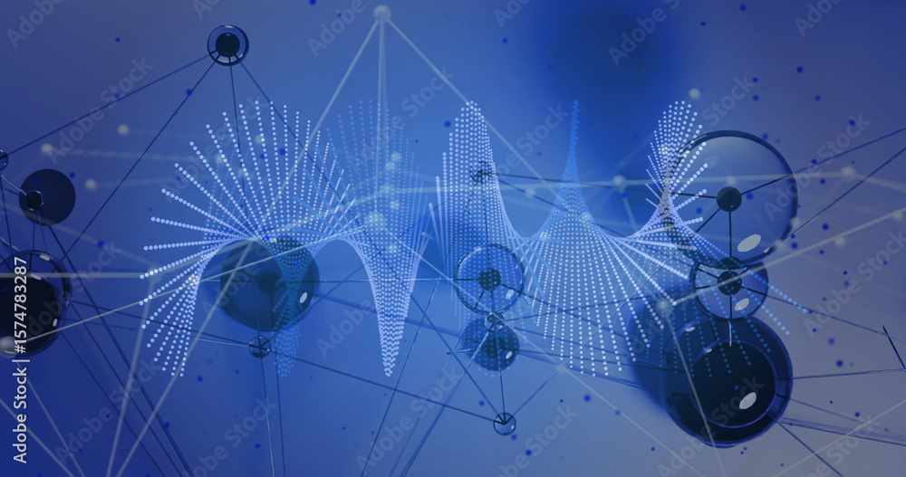 Poster displaying interconnected network filling digital space, with spherical nodes and dotted waveforms