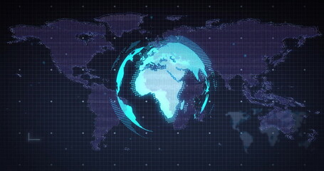 Obraz premium Rotating 3D cyan globe in console, with grid overlay, dotted world map, data rings, glowing nodes