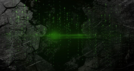 Cascading green binary column flowing over cracked surface in cyberspace, with central beam