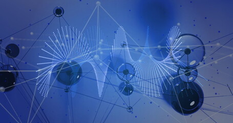 Displaying interconnected network filling digital space, with spherical nodes and dotted waveforms