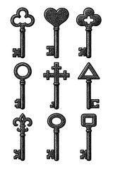 Antique Vintage Key Collection in Engraving Style – Historical Skeleton Keys and Lock Mechanisms – Transparent Background