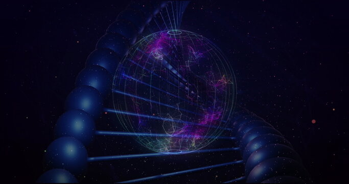 Naklejki Floating digital globe with neon grid glowing among stars, with purple nebula and blue-sphere helix