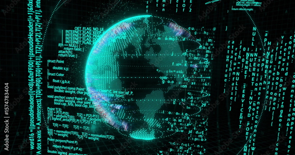 Poster showing holographic globe floating over 3d grid plane in cyberspace, streaming code and text blocks