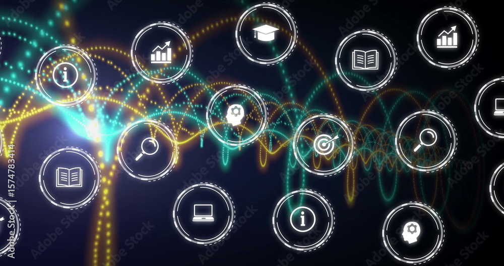Poster displaying dashboard overlaying waveform lines in interface, with circular info and chart icons
