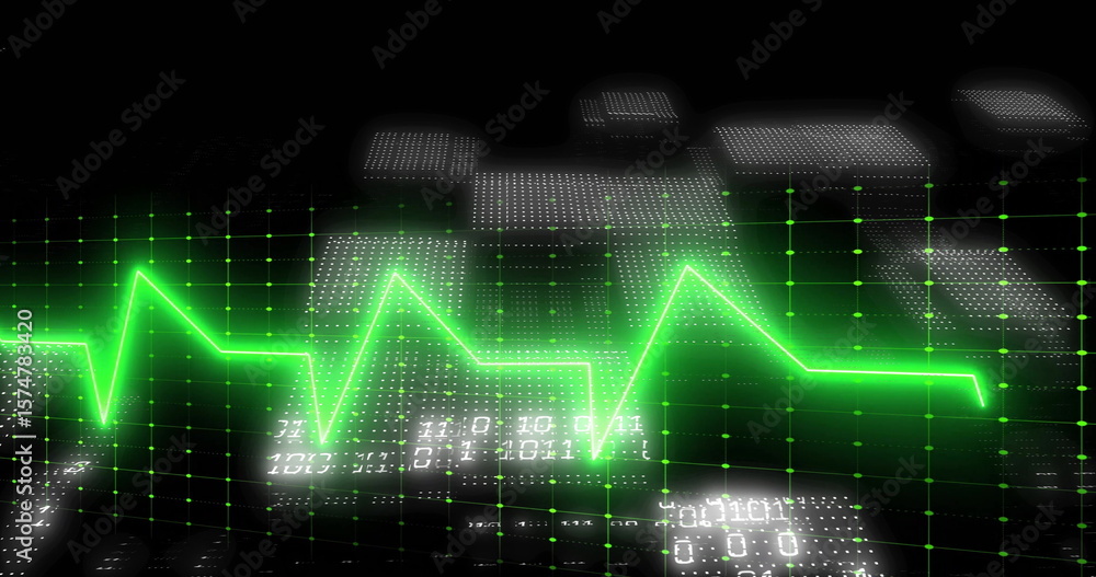 Aufkleber pulsating neon green ecg-style waveform hovering over dark grid, with cubes and binary digits