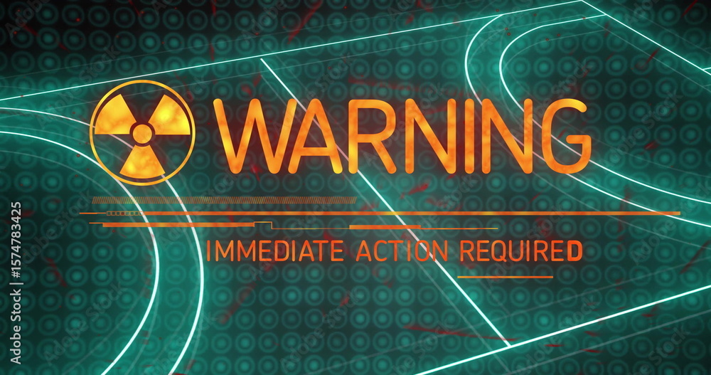 Poster displaying radioactive symbol warning and immediate action required in console neon grid scan bars
