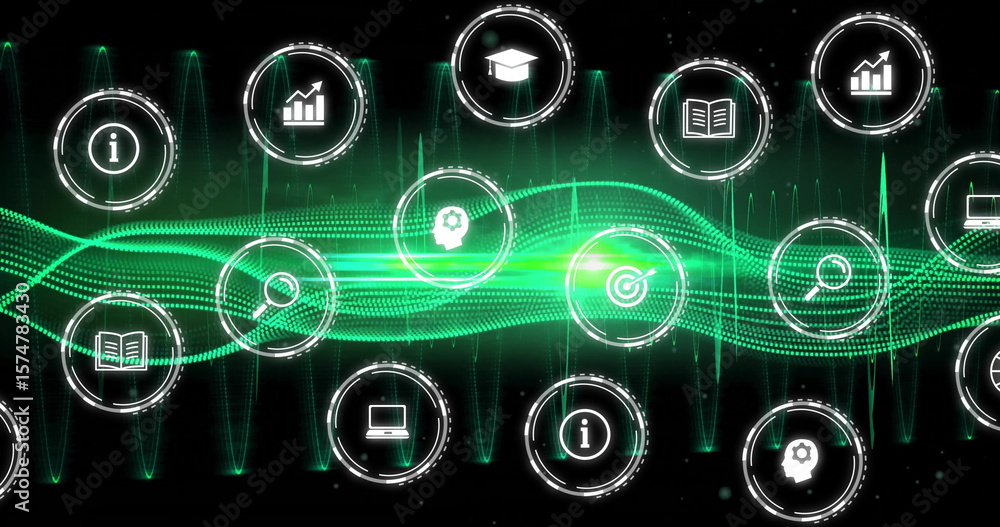 Poster displaying central neon green waveform pulsing in digital interface with glowing function icons