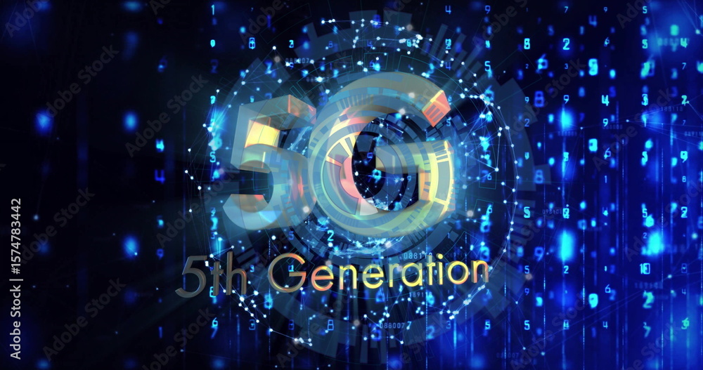 Poster radiating 5g text and 5th generation lettering in cyberspace, with data rings and binary digits