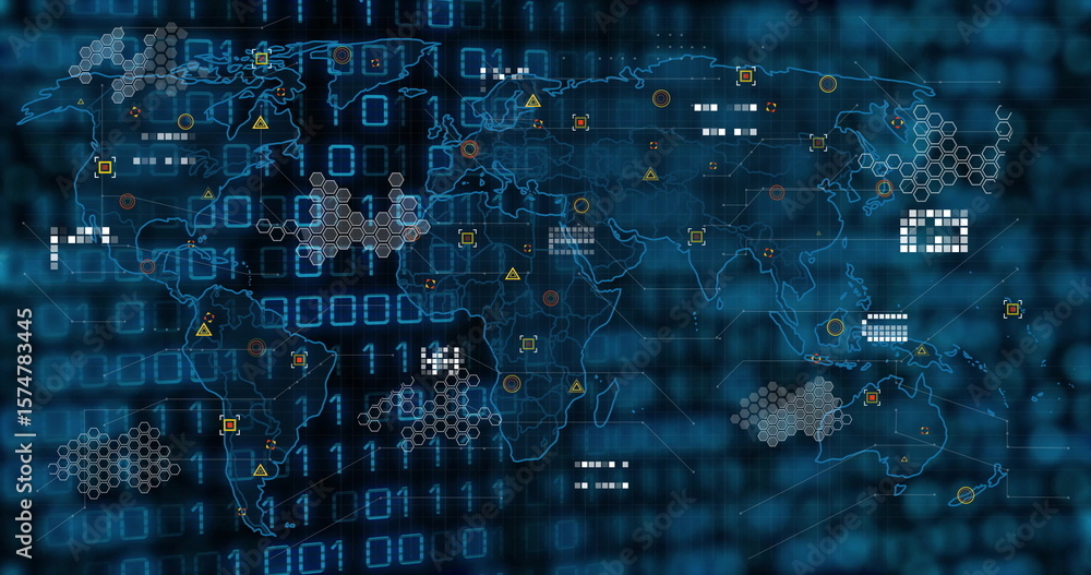 Poster overlaying world map on blue binary grid in interface, with hex clusters, warning icons and markers
