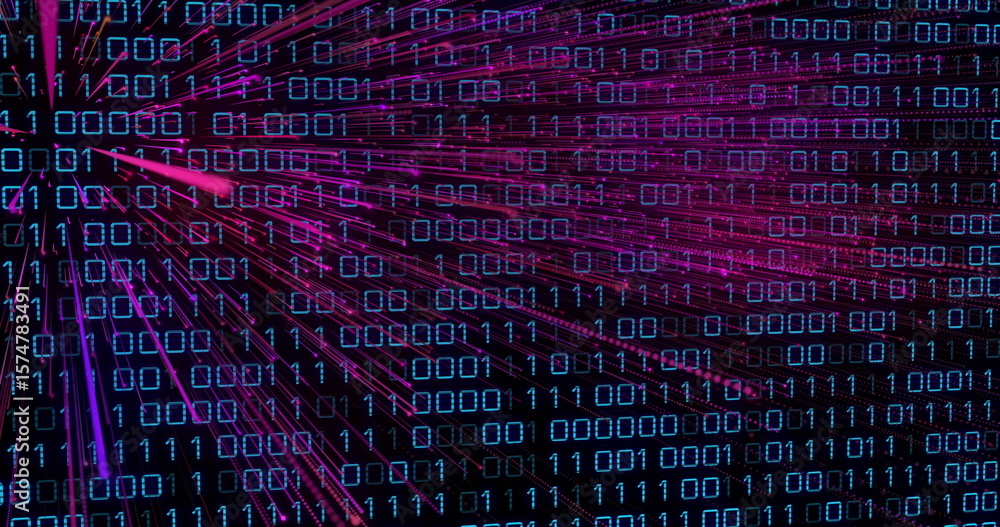 Poster glowing binary digits converging toward left in digital grid, with magenta and purple light streaks