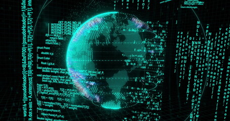 Showing holographic globe floating over 3D grid plane in cyberspace, streaming code and text blocks