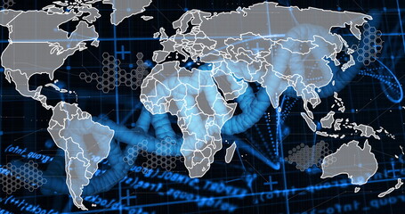 Displaying white-lined world map over glowing blue DNA helix in dark blue grid, hexagonal overlays
