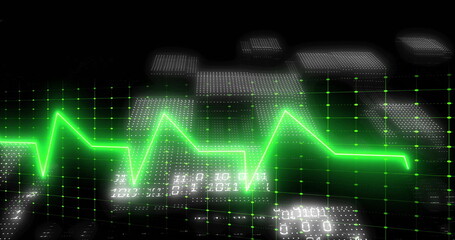 Pulsating neon green ECG-style waveform hovering over dark grid, with cubes and binary digits