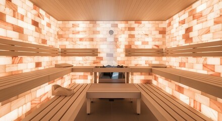 Relaxing salt sauna room interior design with wooden benches and pink salt brick walls for wellness and health