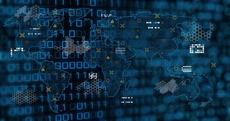 Overlaying world map on blue binary grid in interface, with hex clusters, warning icons and markers
