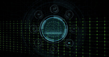 Displaying fingerprint scanner at dashboard, featuring eight security icons on green nodal grid