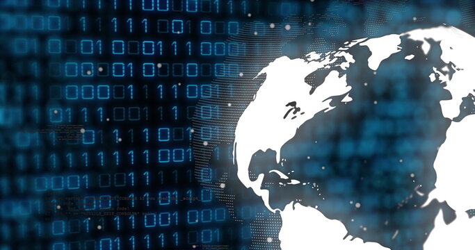 Naklejki Displaying white stylized globe showing dot network over blue binary code in cyberspace, copy space