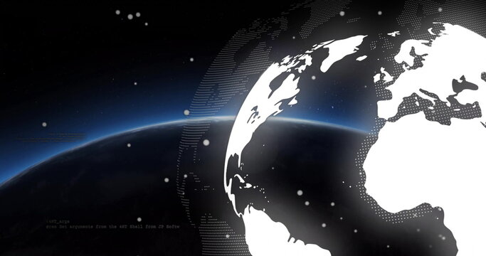 Naklejki Showing white Earth globe spinning in space, with sunlit horizon and dotted map overlay, copy space