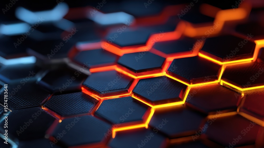 Poster vibrant neon hexagons pattern illuminated on a dark background with a futuristic and dynamic feel.
