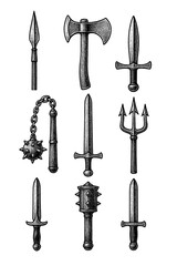 Ancient Bladed Weapons from Global Cultures in Vintage Etching Style – Historical Swords, Spears, Knives, and Tribal Blades – Transparent Background