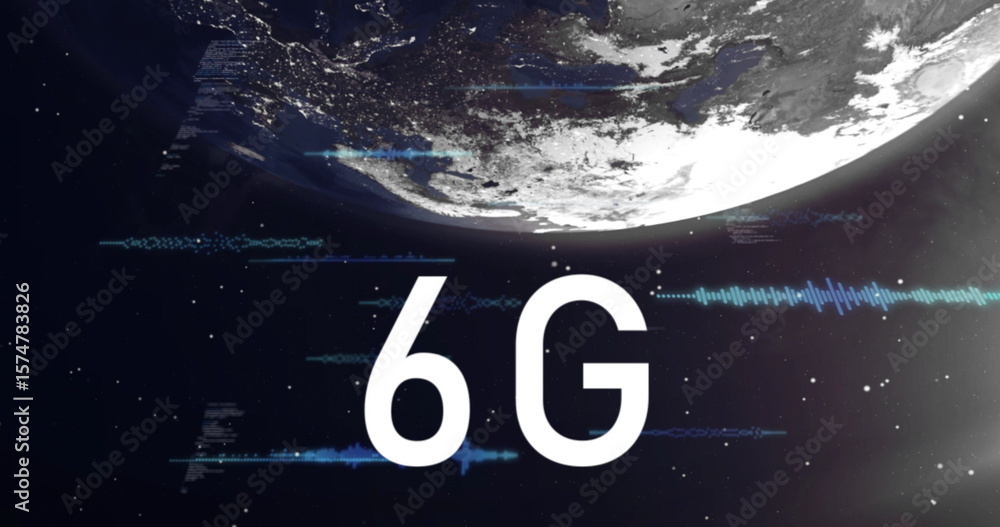 Aufkleber displaying 6g text floating above earth in outer space, with glowing code and waveform streams