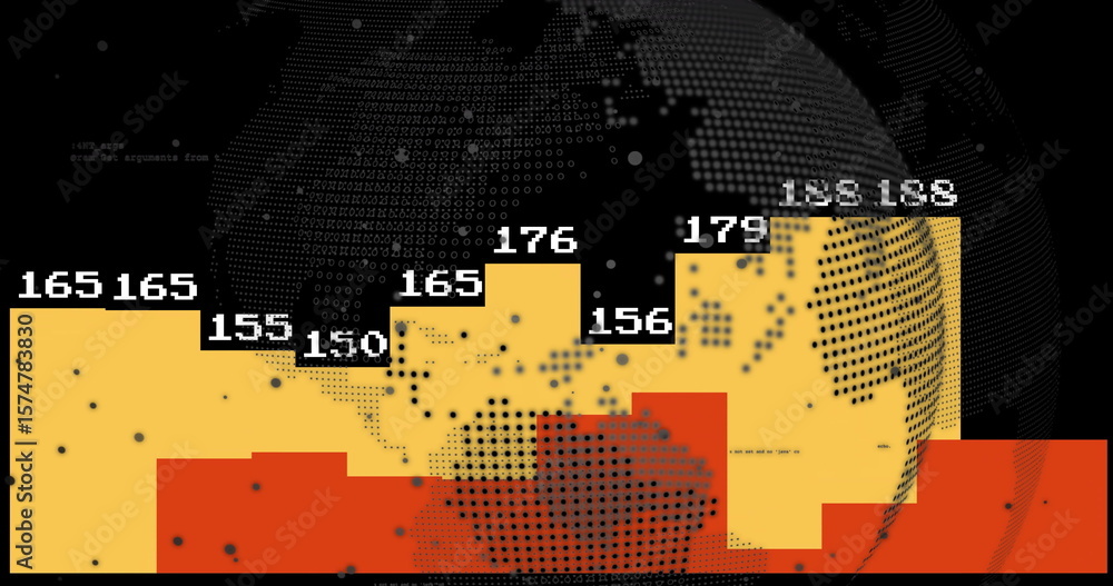 Poster displaying bar columns fluctuating on screen, with numeric labels, globe motif and dots