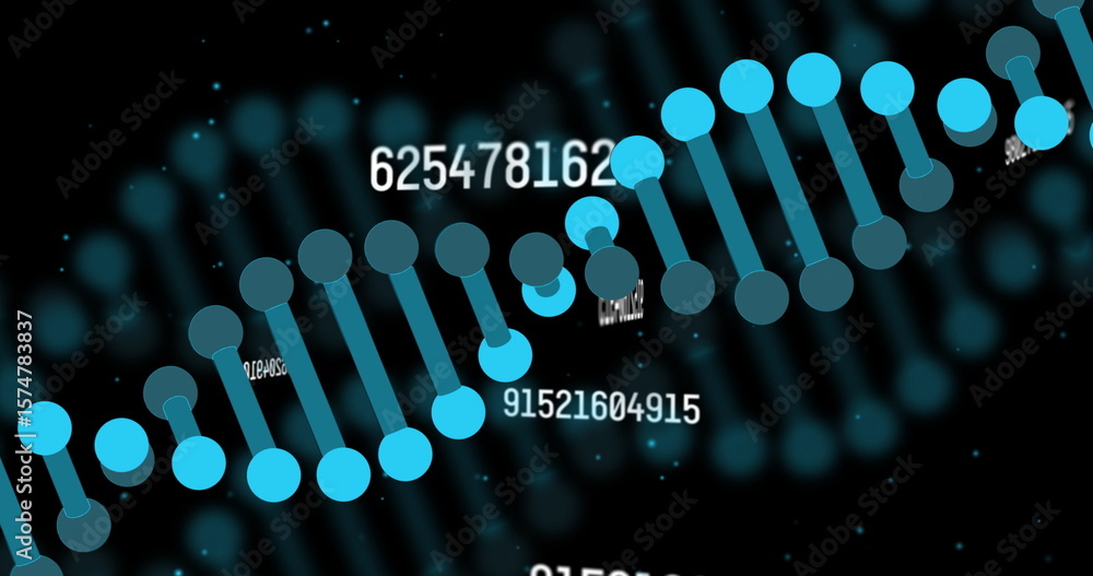Poster displaying 3d dna helix rotating in digital space, with glowing bokeh orbs and numeric sequences