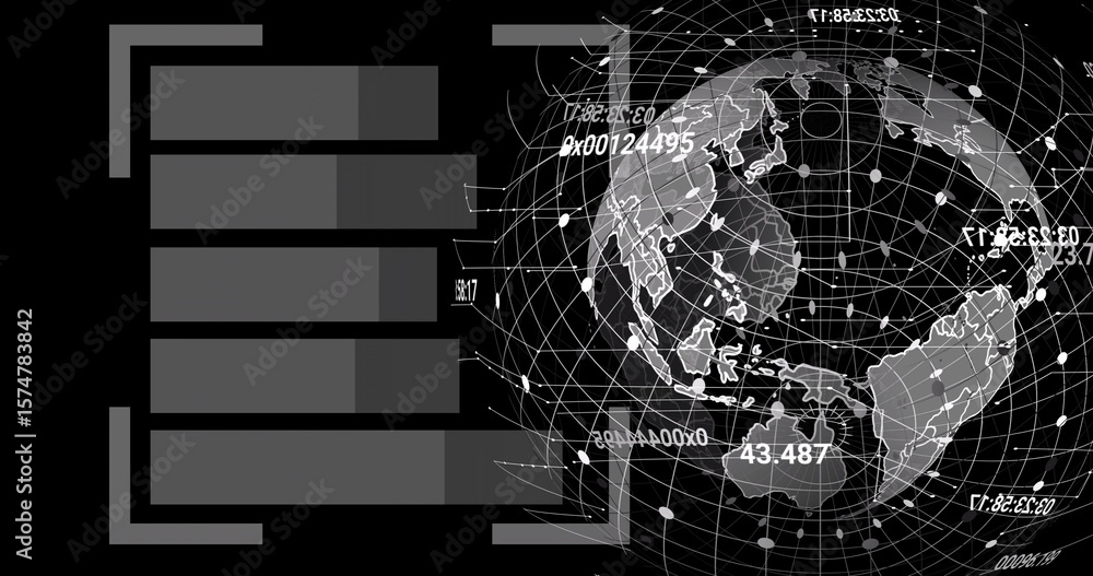 Poster displaying digital globe showing eastern hemisphere on tech display, with floating numeric codes
