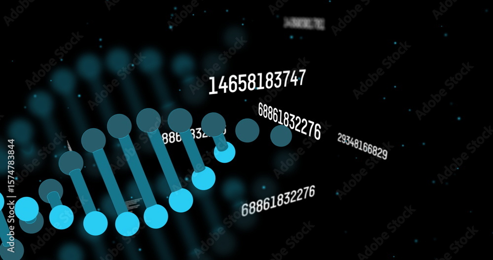 Poster displaying stylized dna strand moving diagonally in data space, with floating numeric sequences