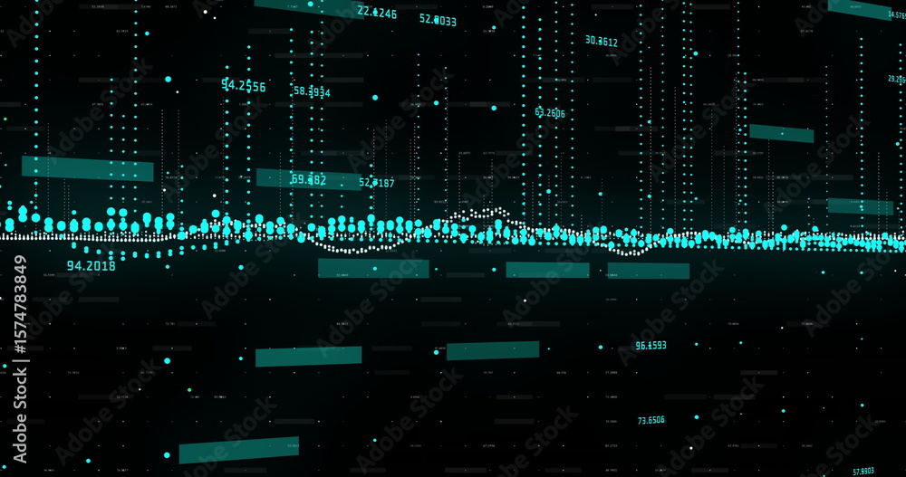 Poster displaying teal dot and bar series on digital dashboard, with numeric labels and grid lines