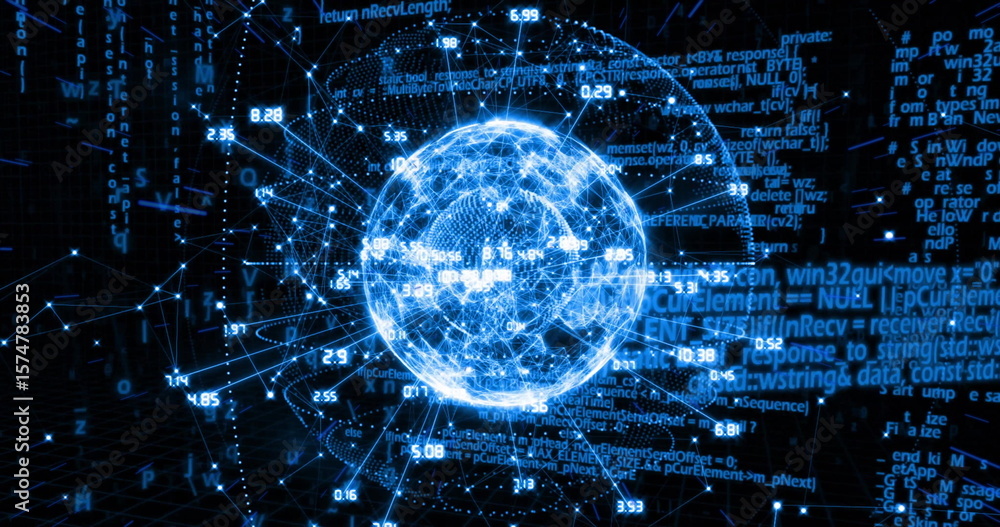 Poster floating digital sphere emitting light beams in virtual network space, with floating code and data