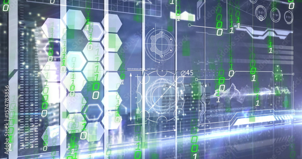 Poster displaying layered hud interface overlaying city skyline in control room, with binary code streams