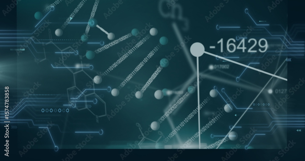 Poster floating molecular graphic on biotech data dashboard, with 3d spheres, binary code and rods