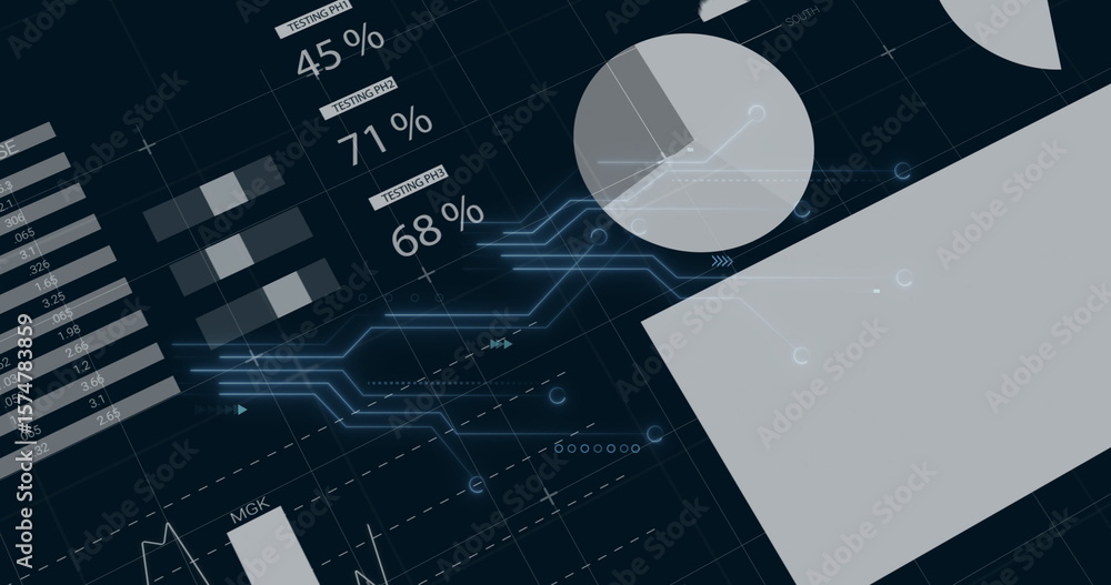 Poster displaying abstract data dashboard in virtual interface, with pie chart, bar chart, circuit lines