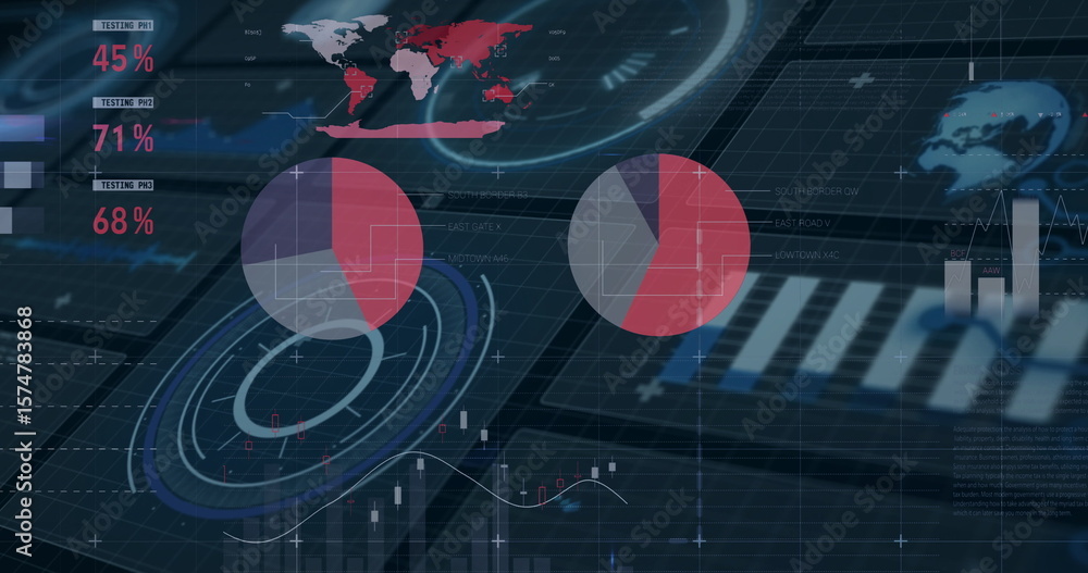 Poster displaying digital analytics dashboard at control room workstation, with pie charts and radar chart