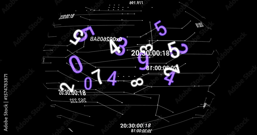 Poster rotating wireframe sphere showing floating white purple digits and timecode in black void