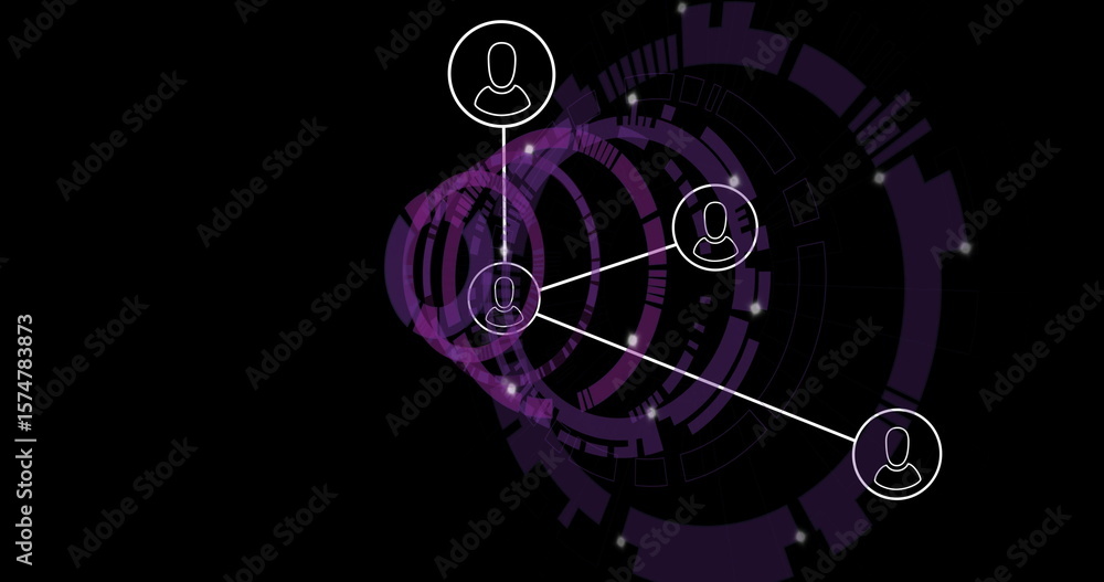 Aufkleber displaying circular white user icon at data interface, showing purple rings, connecting white lines